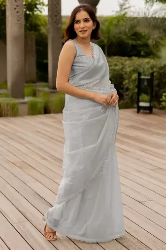 grey pastel print net ready to wear saree | pre draped party wear saree