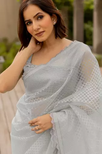 grey pastel print net ready to wear saree | pre draped party wear saree