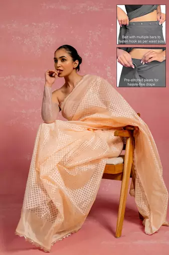 peach pastel print net ready to wear saree | pre draped party wear saree