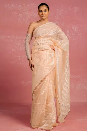 peach pastel print net ready to wear saree | pre draped party wear saree