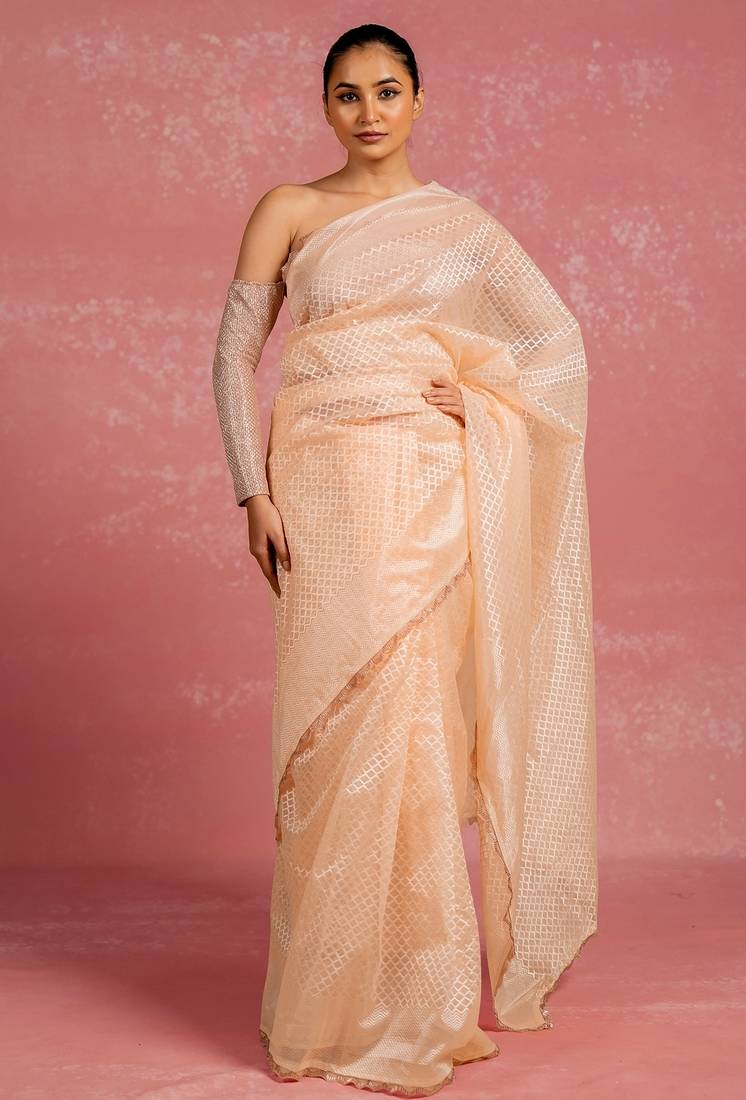 peach pastel print net ready to wear saree | pre draped party wear saree