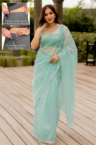 turquoise pastel print net ready to wear saree | pre draped party wear saree