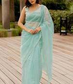 turquoise pastel print net ready to wear saree | pre draped party wear saree