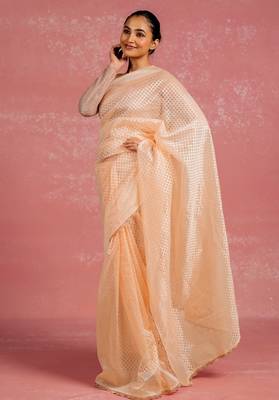 peach pastel print net ready to wear saree | pre draped party wear saree 3