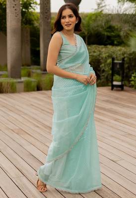 turquoise pastel print net ready to wear saree | pre draped party wear saree 3