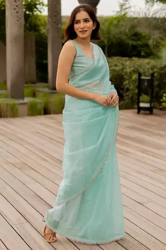 turquoise pastel print net ready to wear saree | pre draped party wear saree