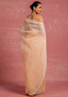 peach pastel print net ready to wear saree | pre draped party wear saree 4