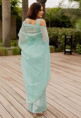 turquoise pastel print net ready to wear saree | pre draped party wear saree 4