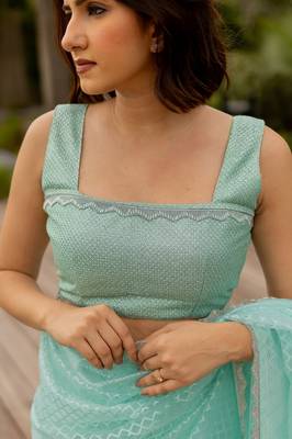 turquoise pastel print net ready to wear saree | pre draped party wear saree 5