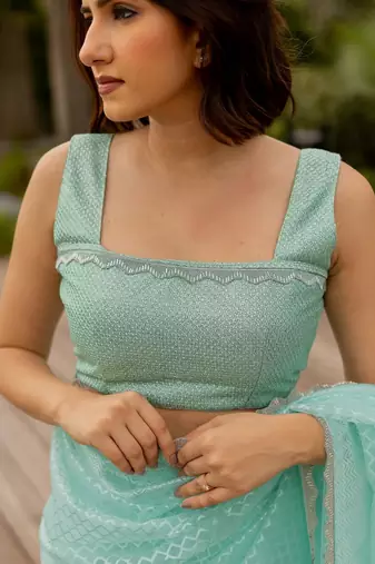 turquoise pastel print net ready to wear saree | pre draped party wear saree