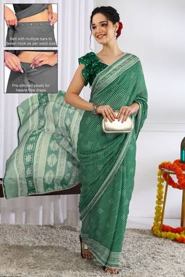 green  block print chiffon ready to wear saree | pre draped party wear saree 2
