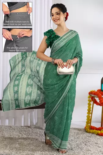 green  block print chiffon ready to wear saree | pre draped party wear saree