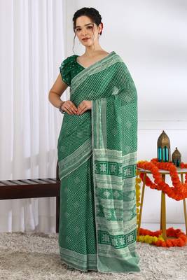 green  block print chiffon ready to wear saree | pre draped party wear saree 1