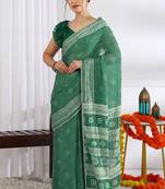 green  block print chiffon ready to wear saree | pre draped party wear saree