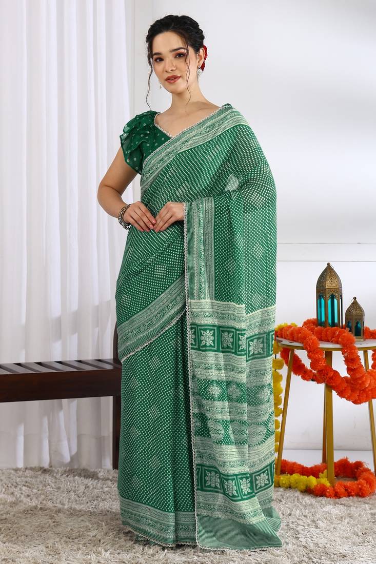 green  block print chiffon ready to wear saree | pre draped party wear saree