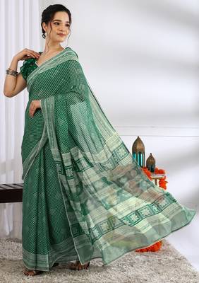green  block print chiffon ready to wear saree | pre draped party wear saree 3