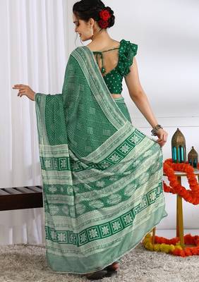 green  block print chiffon ready to wear saree | pre draped party wear saree 4