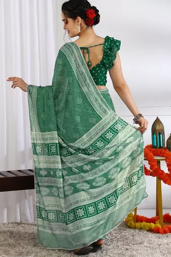 green  block print chiffon ready to wear saree | pre draped party wear saree