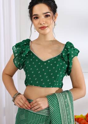 green  block print chiffon ready to wear saree | pre draped party wear saree 5