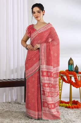 red  block print chiffon ready to wear saree | pre draped party wear saree 3