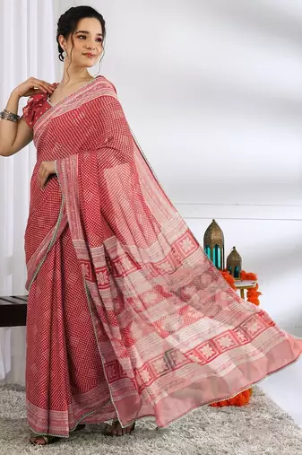 red  block print chiffon ready to wear saree | pre draped party wear saree