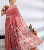red  block print chiffon ready to wear saree | pre draped party wear saree