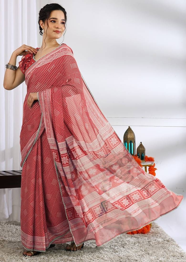 red  block print chiffon ready to wear saree | pre draped party wear saree