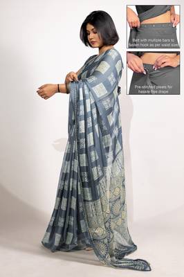 grey block print chiffon ready to wear saree | pre draped party wear saree 2