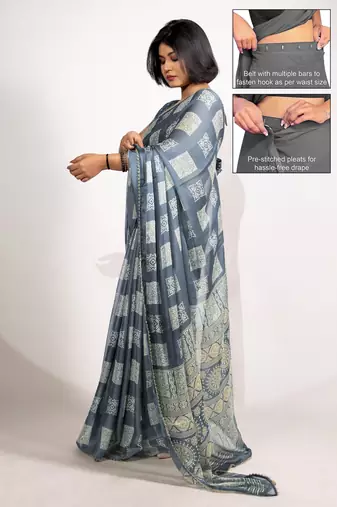 grey block print chiffon ready to wear saree | pre draped party wear saree