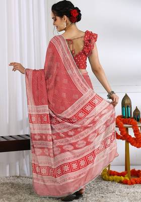 red  block print chiffon ready to wear saree | pre draped party wear saree 4