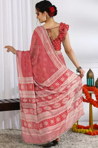 red  block print chiffon ready to wear saree | pre draped party wear saree