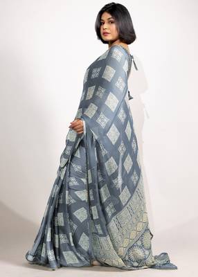 grey block print chiffon ready to wear saree | pre draped party wear saree 3