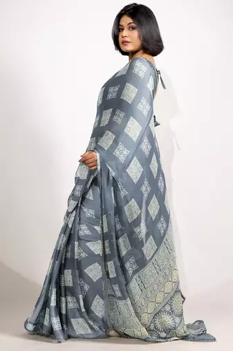 grey block print chiffon ready to wear saree | pre draped party wear saree