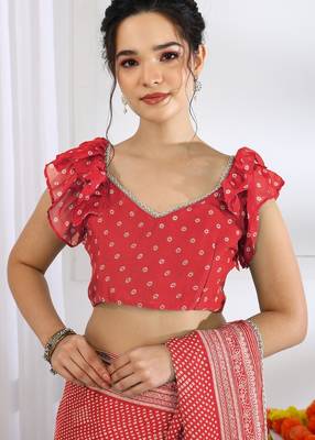 red  block print chiffon ready to wear saree | pre draped party wear saree 5