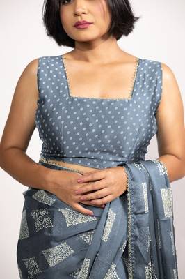 grey block print chiffon ready to wear saree | pre draped party wear saree 4