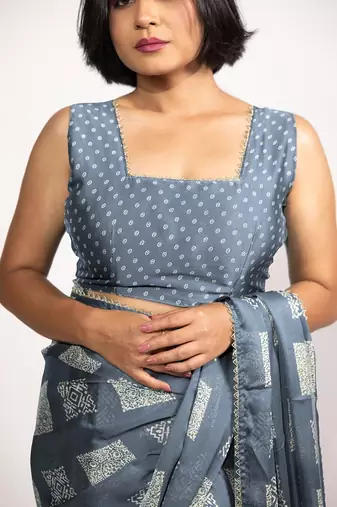 grey block print chiffon ready to wear saree | pre draped party wear saree