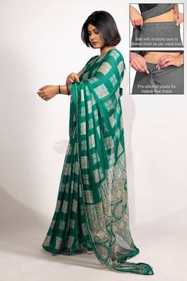 green block print chiffon ready to wear saree | pre draped party wear saree 2