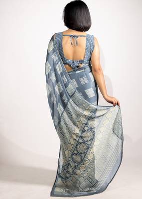 grey block print chiffon ready to wear saree | pre draped party wear saree 5