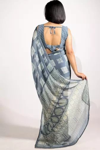grey block print chiffon ready to wear saree | pre draped party wear saree