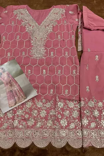 peach embroidered shimmer salwar suit