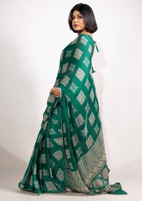green block print chiffon ready to wear saree | pre draped party wear saree 3