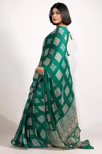green block print chiffon ready to wear saree | pre draped party wear saree