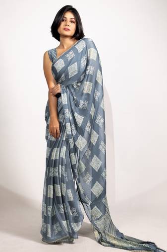 grey block print chiffon ready to wear saree | pre draped party wear saree