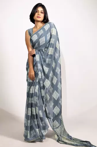 grey block print chiffon ready to wear saree | pre draped party wear saree