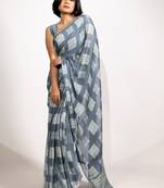 grey block print chiffon ready to wear saree | pre draped party wear saree