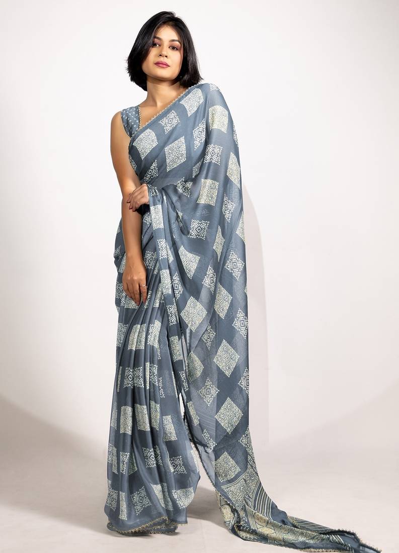 grey block print chiffon ready to wear saree | pre draped party wear saree