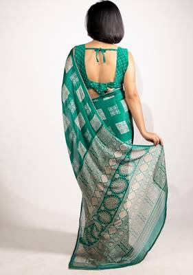 green block print chiffon ready to wear saree | pre draped party wear saree 4