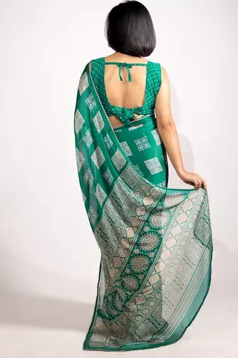 green block print chiffon ready to wear saree | pre draped party wear saree