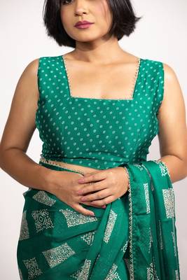 green block print chiffon ready to wear saree | pre draped party wear saree 5