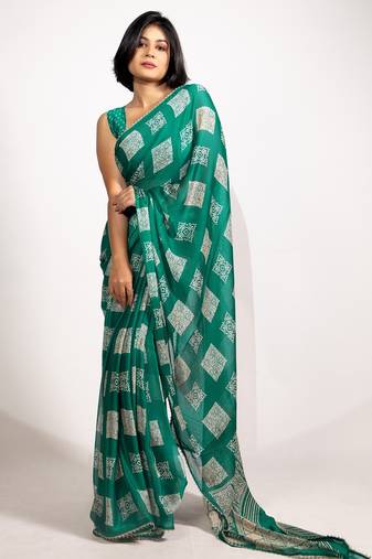green block print chiffon ready to wear saree | pre draped party wear saree